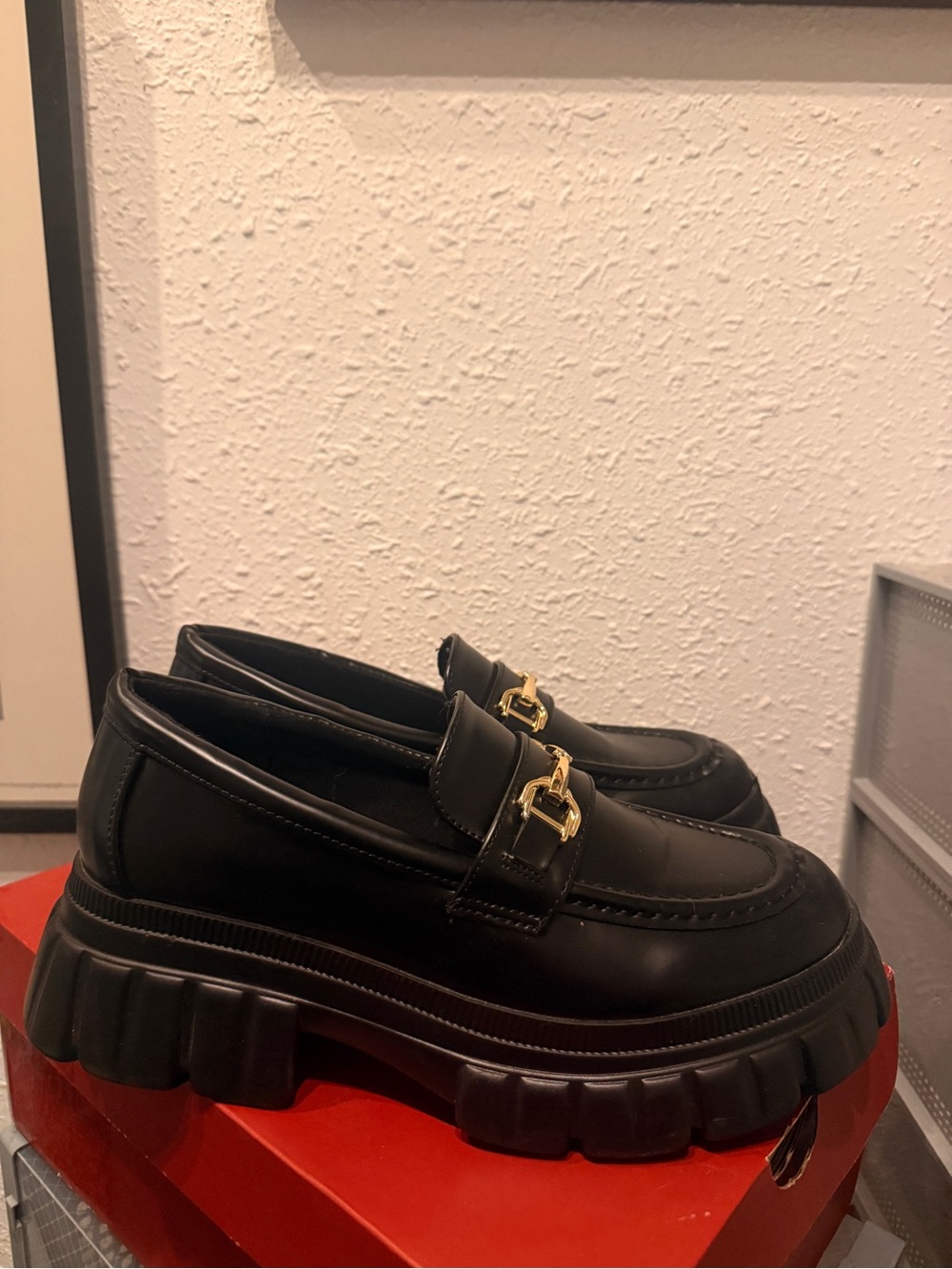 Black Womens Chunky Lug Sole Loafers with Gold Bit ASOS